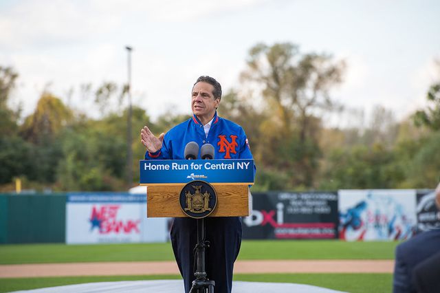 In this photo from 2018, Gov. Andrew Cuomo announces the Mets' minor league franchise in Syracuse.